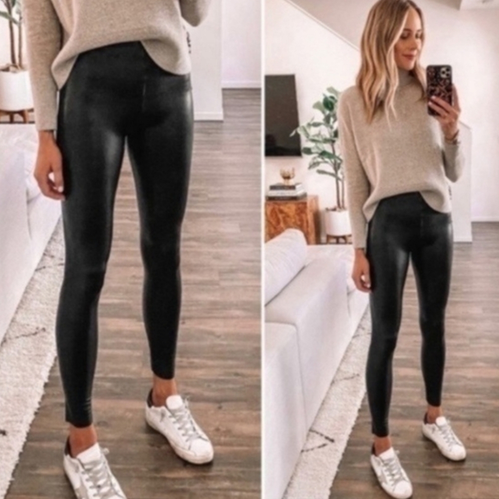 commando control back faux black lether legging high waisted size Large